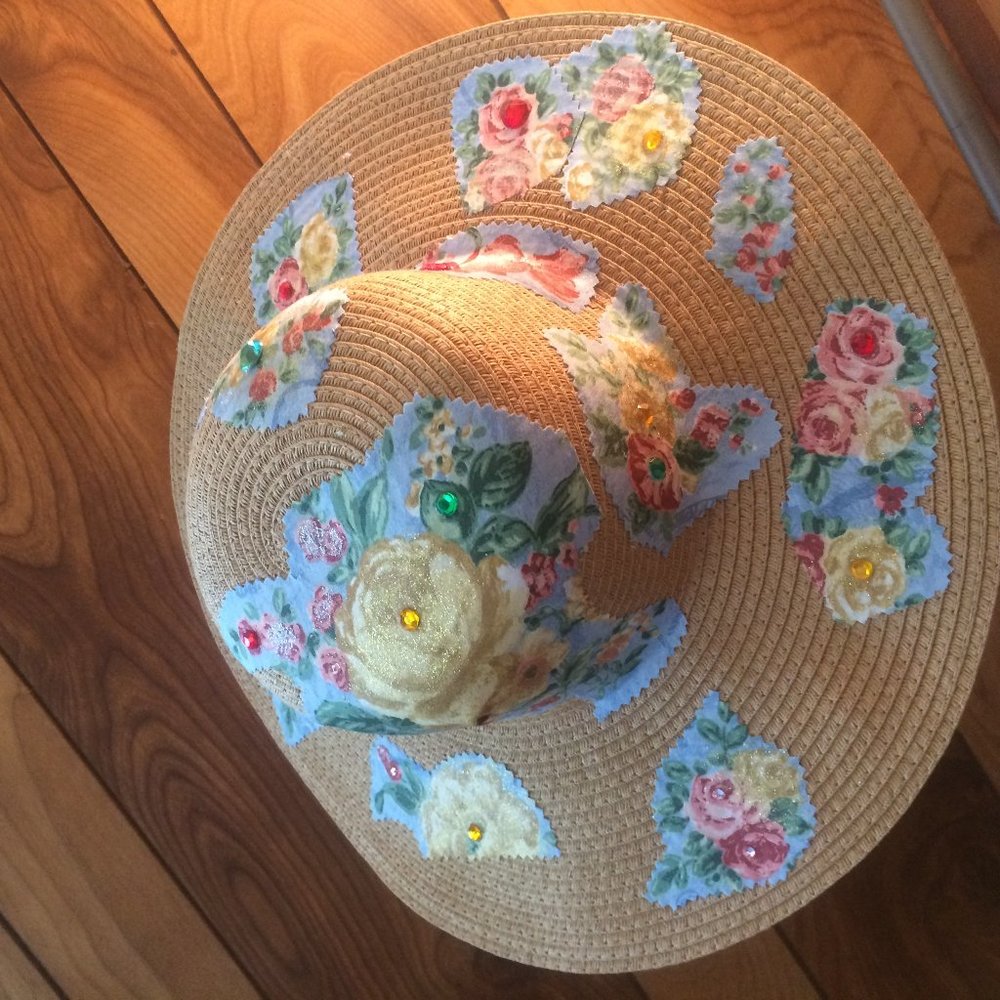 Handmade Floppy Straw Hat Decorated with Floral Home Decor Fabric